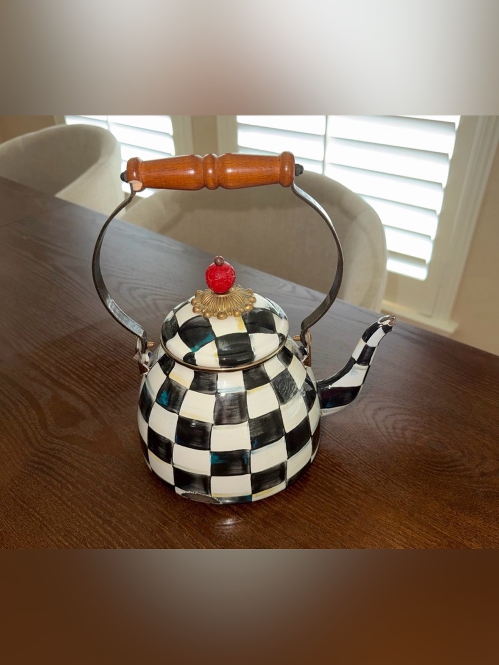 Courtly Check Teapot with Red Knob and Wooden Handle